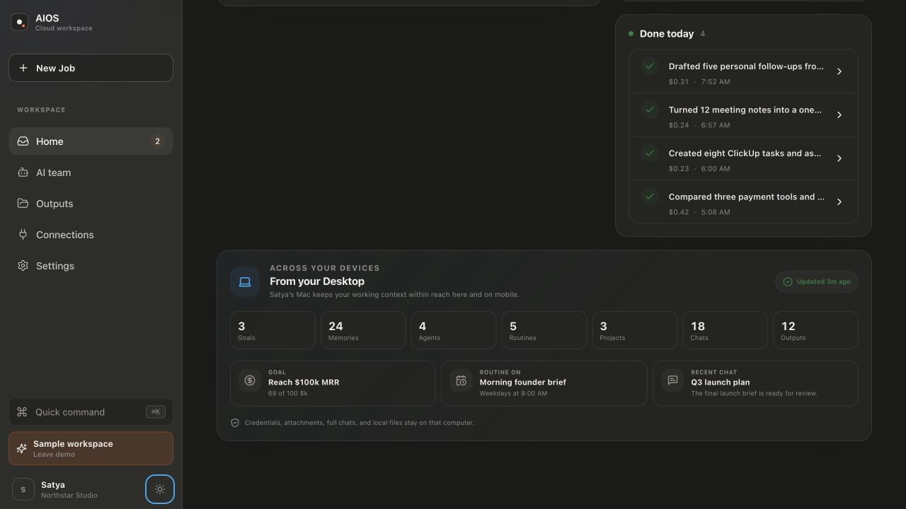 AIOS web app showing cloud jobs and their outputs