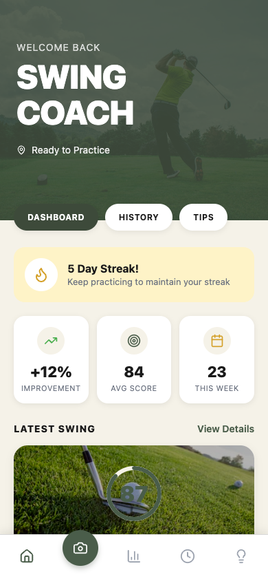 Swing Coach app home screen